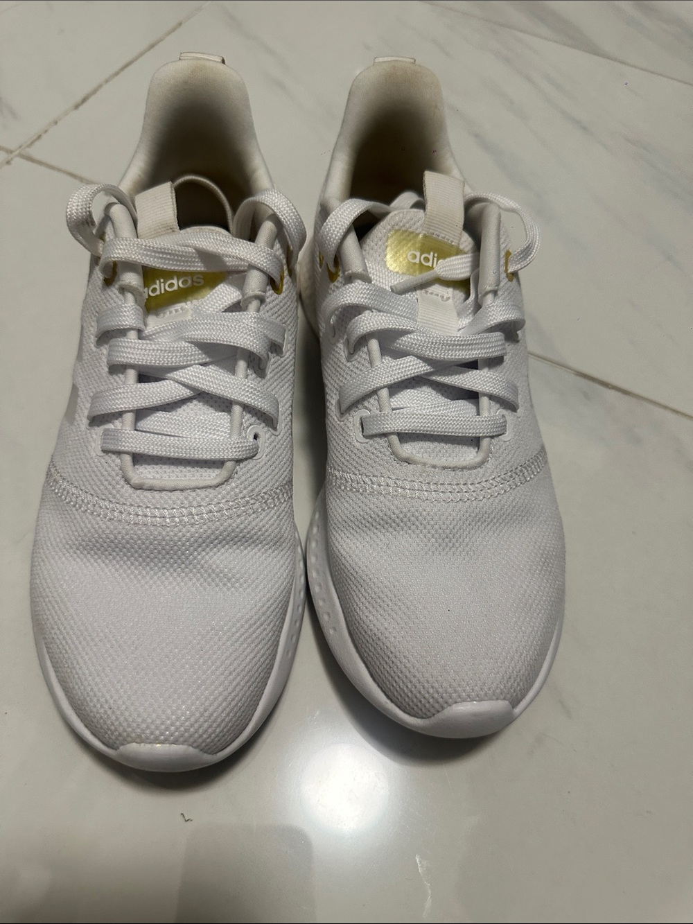 adidas White Men’s Lightweight Knit Sneakers with Gold Accent